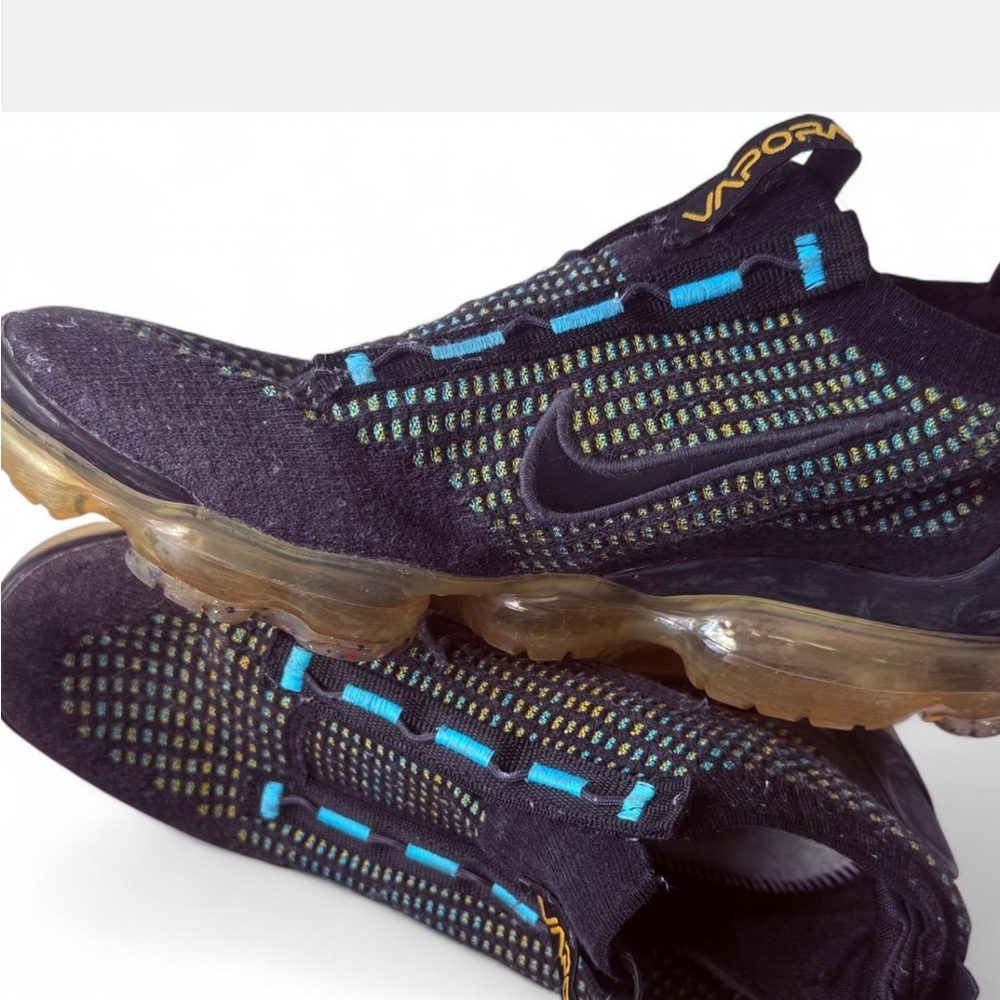 Nike VaporMax Flyknit Women's Shoes - Black and Blue with Gold Accents